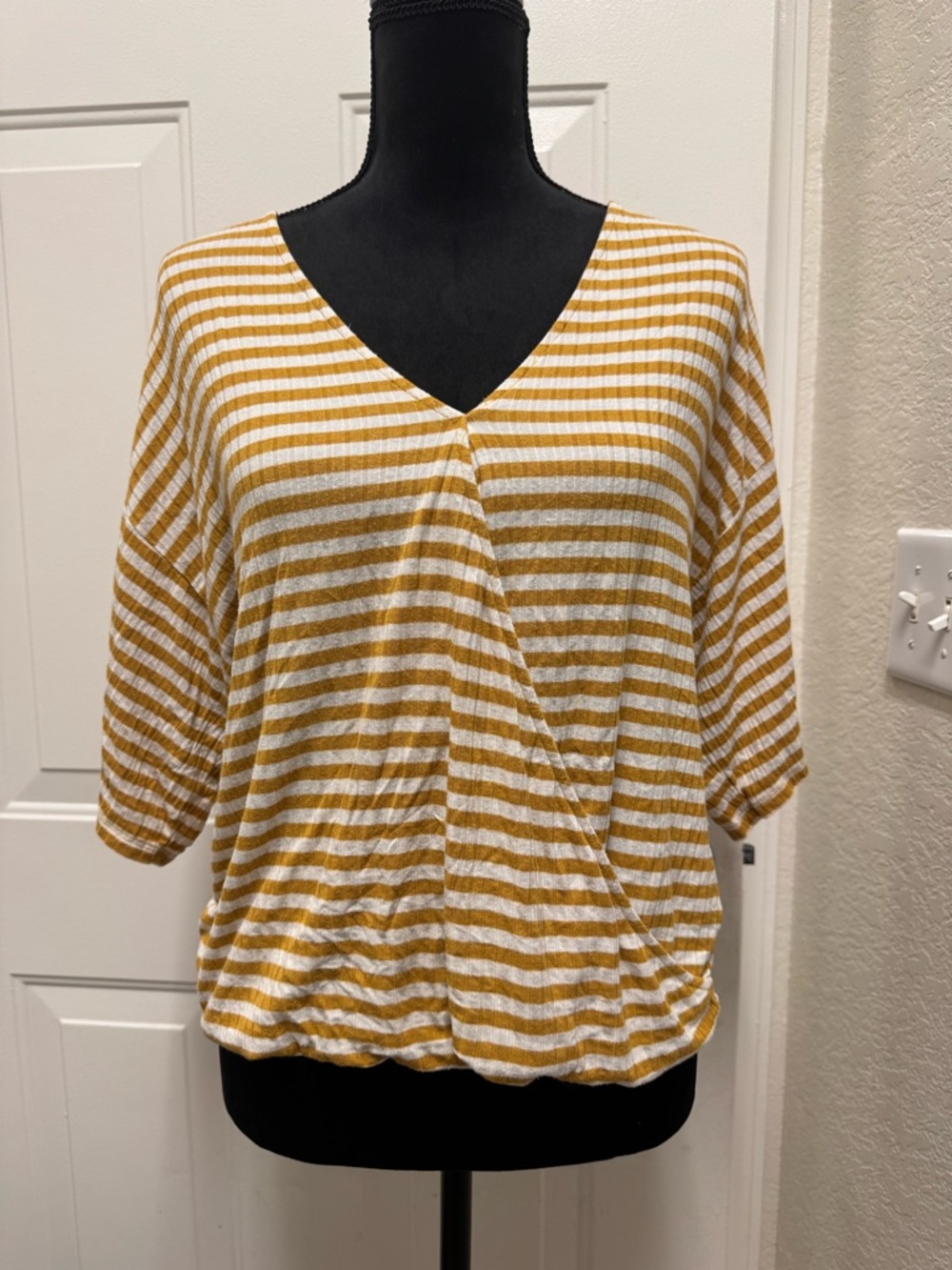 American Eagle Outfitters Mustard and White Striped V-Neck Dolman Top